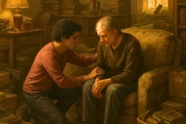 Une personne reconforte un homme age assis dans un fauteuil dans un salon sombre rempli de livres et dobjets anciens.