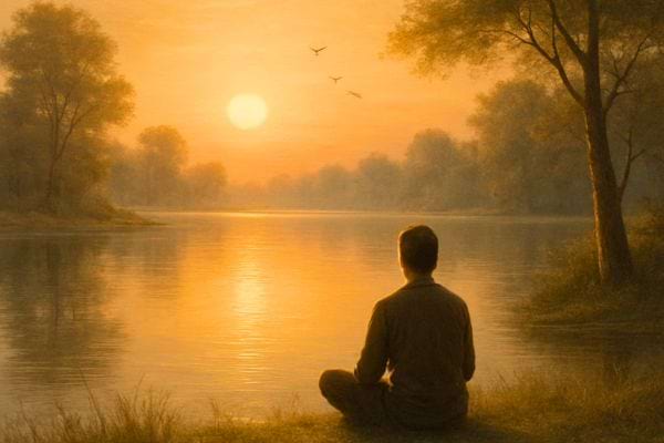 Personne assise au bord d un lac au coucher du soleil dans une ambiance calme et contemplative.