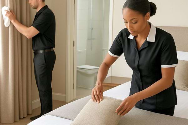 Du personnel de menage prepare soigneusement une chambre d hotel propre et bien rangee.