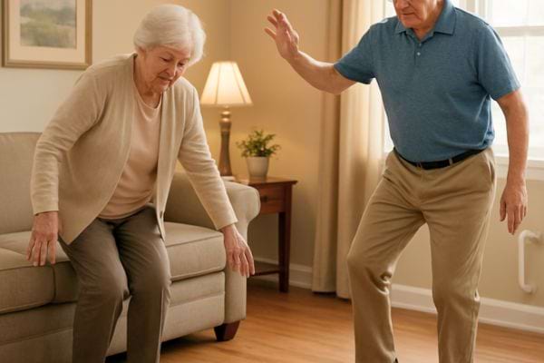 Une femme agee tente de se lever tandis qu un homme leve la main pour l aider. La scene montre un risque de chute.