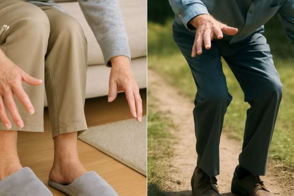 Gros plan sur des jambes et des mains cherchant l equilibre. La scene illustre une instabilite lors de la marche.