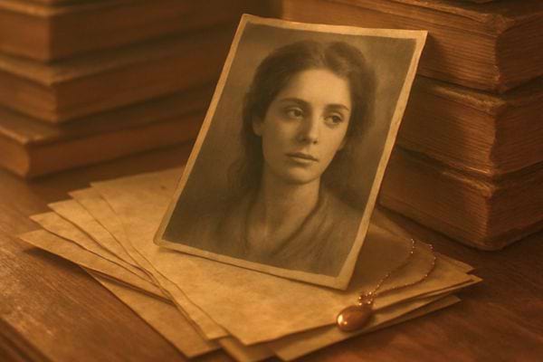 Portrait ancien d une femme pose sur des papiers avec un bijou evoquant le souvenir et la memoire.