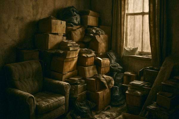 Une piece sombre remplie de cartons empiles et de vieux objets accumules pres dune fenetre poussiereuse.