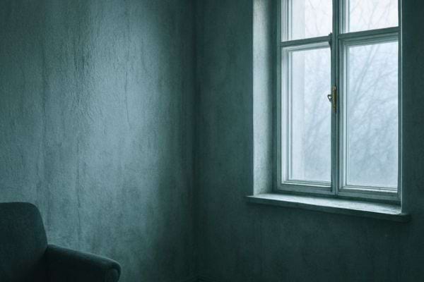 Piece sombre et froide avec fenetre fermee montrant une ambiance humide et mal chauffee en hiver.