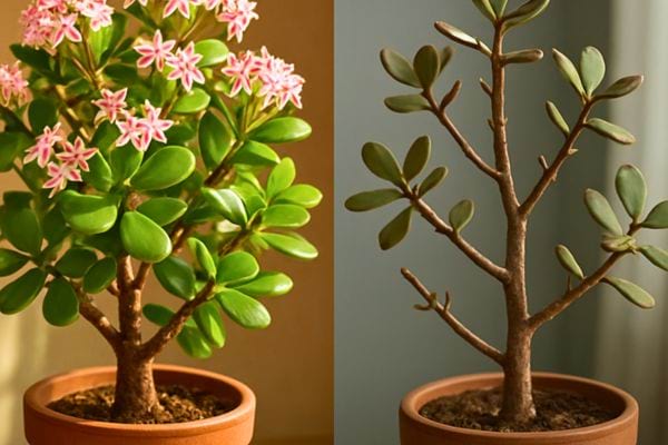 Comparaison entre une plante jade fleurie et une plante jade taillee sans feuilles.