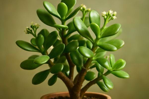 Plante grasse en pot avec feuilles vertes charnues et tiges ramifiees sur fond neutre.