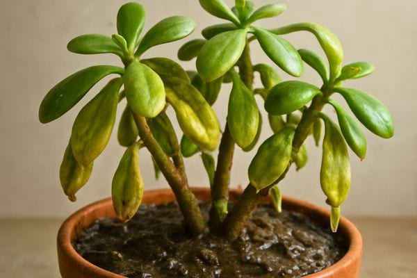 Plante jade avec feuilles tombantes et jaunies indiquant un exces d arrosage.