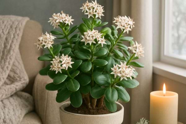 Plante jade en pot avec petites fleurs blanches decoree dans un interieur calme.