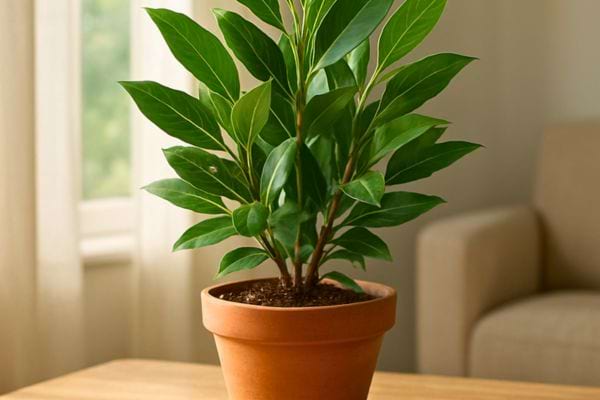Plante de laurier en pot placee pres dune fenetre, feuilles vertes brillantes en lumiere naturelle.