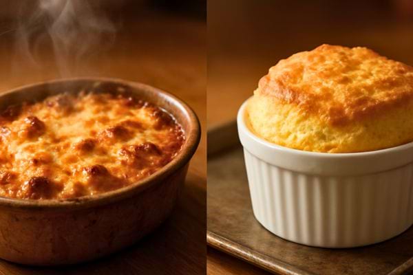 deux plats chauds gratines et un souffle gonfle sortant du four