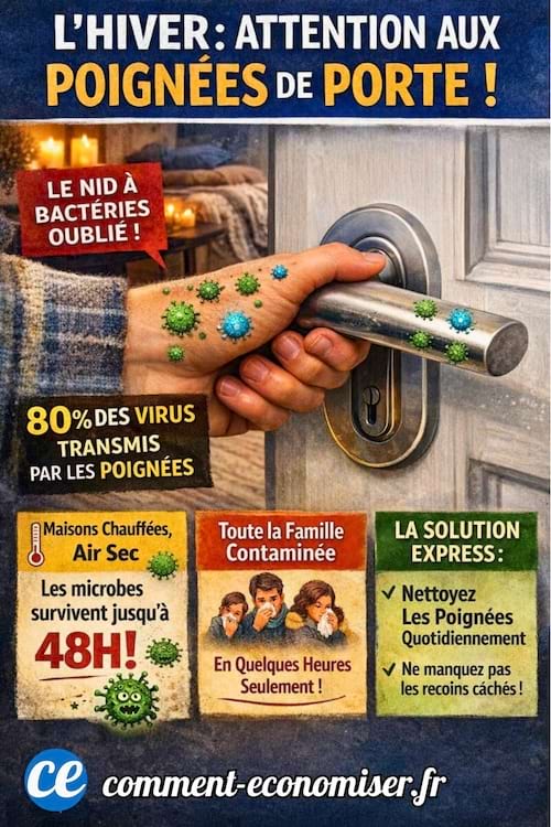 une infographie qui montre une poign&eacute;e de porte pleine de microbes avec une personne qui ouvre la porte