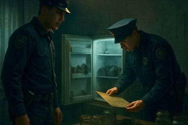 Deux policiers examinent un document devant un refrigerateur ouvert dans une piece sombre lors dune enquete.