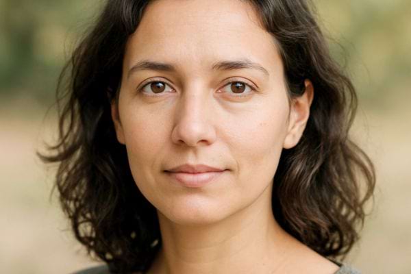 portrait serre d une femme au regard paisible avec un fond naturel flou