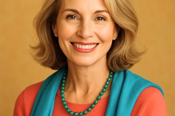 Portrait d une femme souriante portant un collier vert et un vetement colore sur fond neutre lumineux