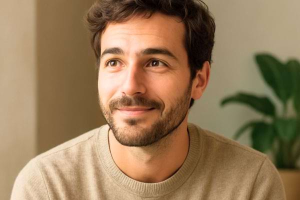 homme barbu souriant legerement regarde sur le cote dans un interieur lumineux et apaisant