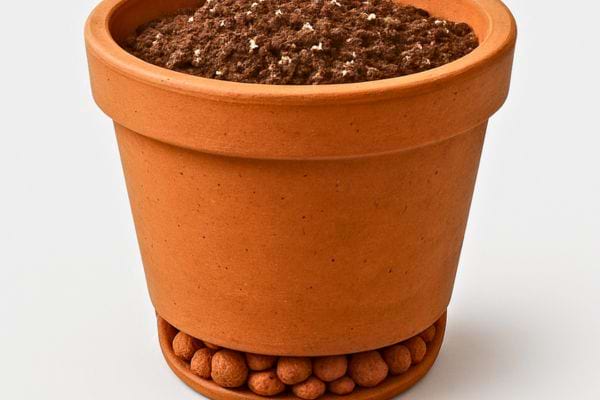 Pot en terre cuite montrant une couche de billes d argile pour drainage du sol.