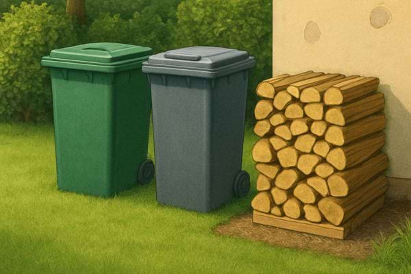 Deux bacs a ordures alignes a cote dun tas de buches stockees dans un jardin pres dun mur.