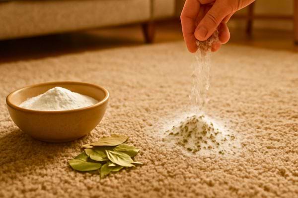 Main saupoudrant un melange poudre et laurier sur un tapis pour neutraliser les odeurs.