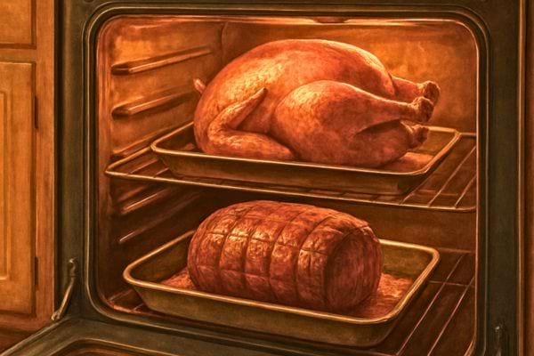 un poulet entier et un roti cuisent ensemble dans un four traditionnel