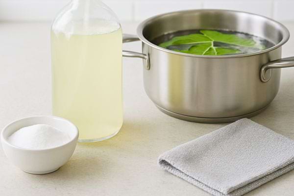 Casserole infusion de laurier avec bouteille liquide sel et chiffon pour nettoyage naturel.