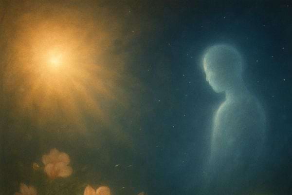 Une silhouette translucide se tient face a une source lumineuse dans un ciel sombre et ethere.