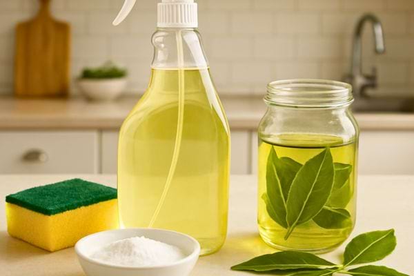 Spray maison au laurier avec bocal infusion eponge et bicarbonate poses sur un plan de travail.