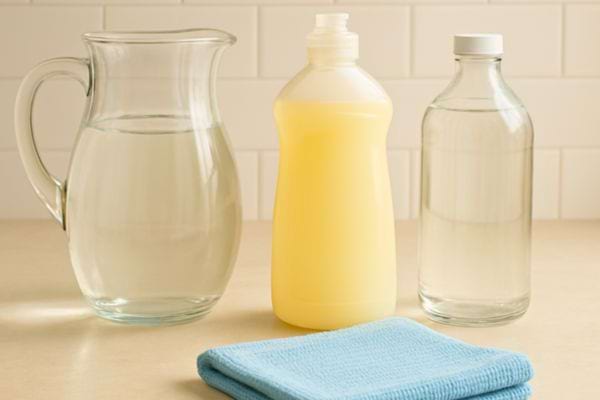 Des bouteilles de liquides menagers naturels sont alignees avec un chiffon bleu sur un plan de travail.