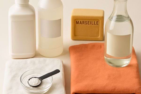 Bicarbonate vinaigre savon de marseille et chiffons sont disposes pour fabriquer un detachant naturel.