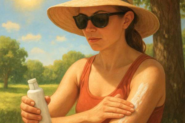 femme portant un chapeau appliquant de la creme solaire sur son bras en exterieur