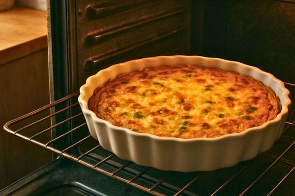 une quiche bien doree repose sur la grille du four entrouvert