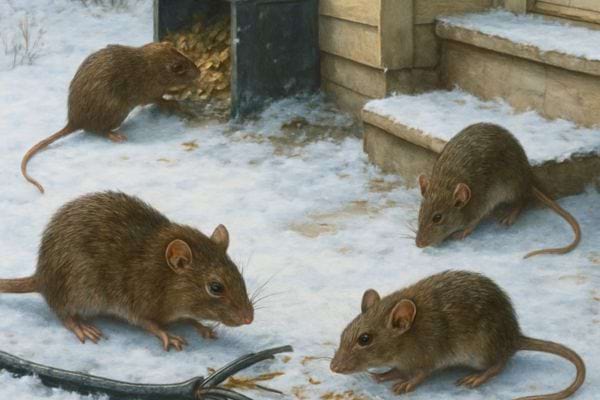 Rats se deplacant sur un sol enneige pres dun batiment montrant leur presence en milieu froid.