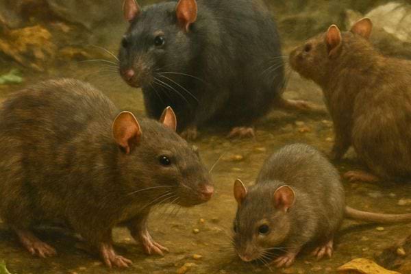 Groupe de rats reunis sur un sol sale illustrant une infestation de nuisibles.