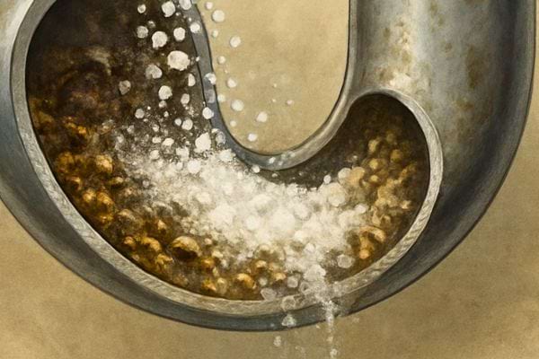 Une reaction se produit dans un tuyau bouche. Des bulles se forment autour des depots.