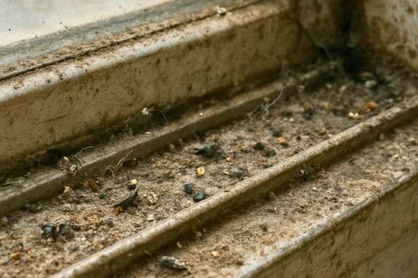 Rebord de fenetre tres encrasse avec poussiere incrustee saletes et debris accumules.