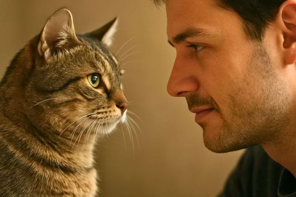 Un homme et un chat se regardent intensément face a face dans une ambiance calme et intime.