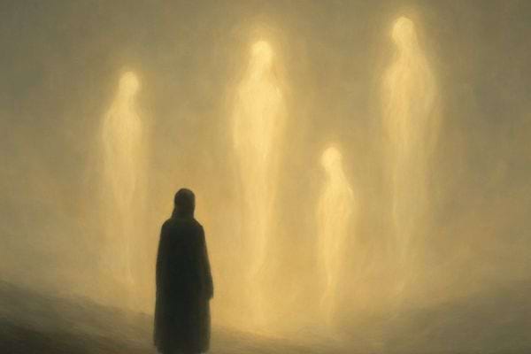 Une personne observe plusieurs silhouettes lumineuses apparaissant dans une brume doree et mystique.
