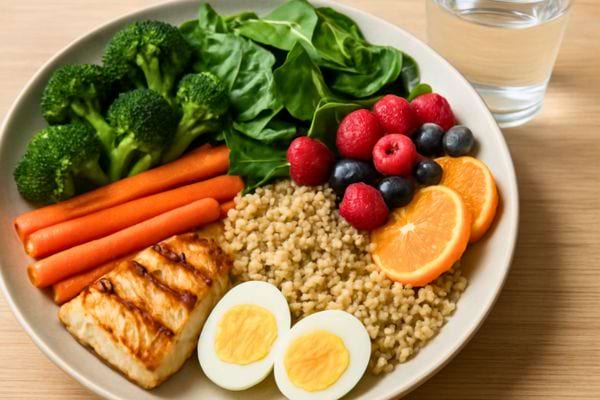 assiette complete avec legumes fruits cereales oeuf et poisson illustrant une alimentation saine et equilibree