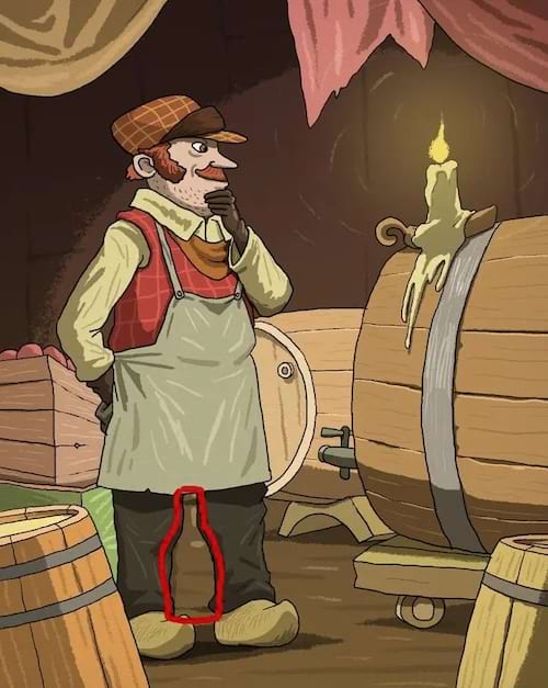 la réponse du défi visuel où on voit la bouteille surlignée entre les jambes du caviste