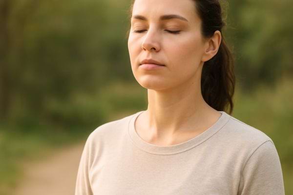 femme debout en exterieur les yeux fermes pratiquant une respiration profonde en pleine nature