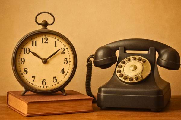 reveil mecanique et telephone ancien poses sur des livres dans une ambiance retro et nostalgique