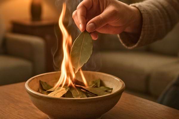 Main deposant une feuille de laurier dans un bol en feu, rituel maison avec flamme et fumee.