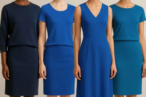 Presentation de robes bleues en plusieurs coupes montrant les nuances et styles disponibles