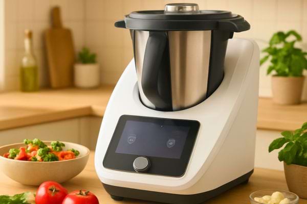 robot de cuisine blanc avec grand bol inox ferme pose sur un plan de travail en bois 