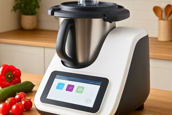 robot multifonction avec ecran couleur affichant des icones de recettes entoure de legumes frais 