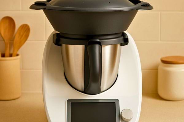 gros plan sur un robot de cuisine blanc avec bol inox et ecran tactile pose sur un plan de travail