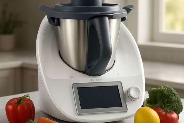 robot multifonction moderne pose dans une cuisine avec tomates brocoli citron et carottes autour