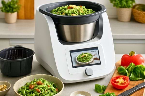 robot de cuisine preparant un plat de pates vertes aux legumes frais dans une cuisine lumineuse 