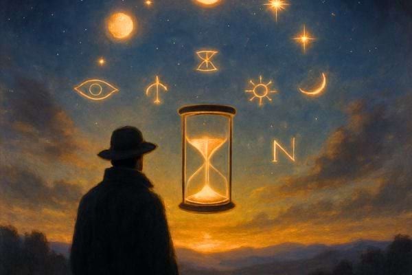 Personnage de dos face a un ciel crepusculaire avec sablier lumineux et symboles mystiques suspendus dans l air