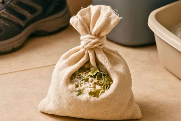 Petit sachet en tissu rempli de feuilles de laurier et poudre absorbe odeurs pose au sol.