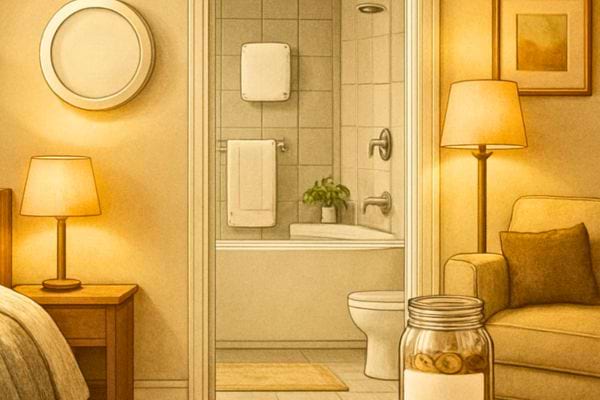 vue d une chambre avec salle de bain attenante et ambiance chaleureuse bien chauffee